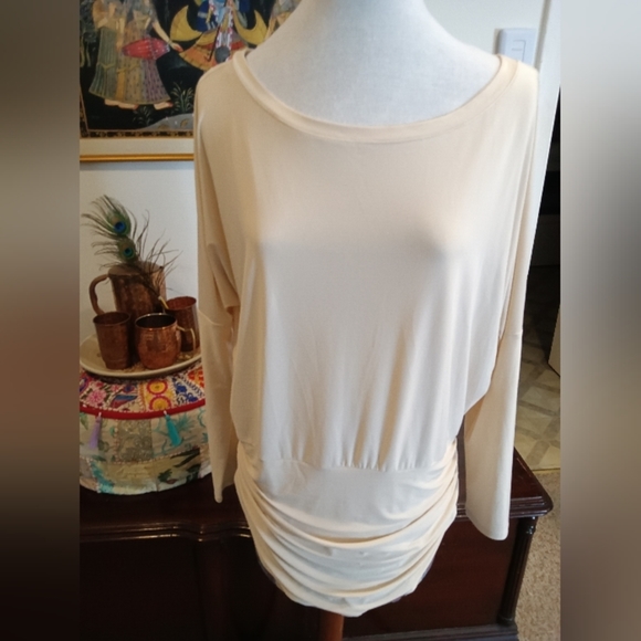 Express Relaxed Tee Neutral Bone Top Ruched Waistline sz M - Picture 2 of 6